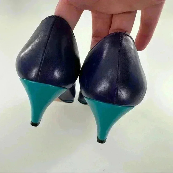 Ellen Tracy heels 8 N purple blue color block Italian leather 80s 90s vintage - Picture 9 of 12